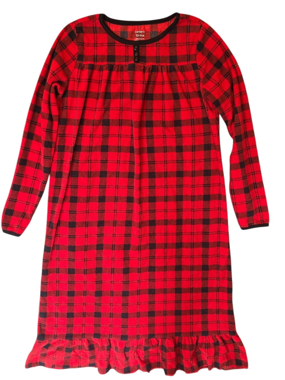 Carter's Nightgown Girls 12-14 Red Black Plaid Fleece Sleepwear Loungewear